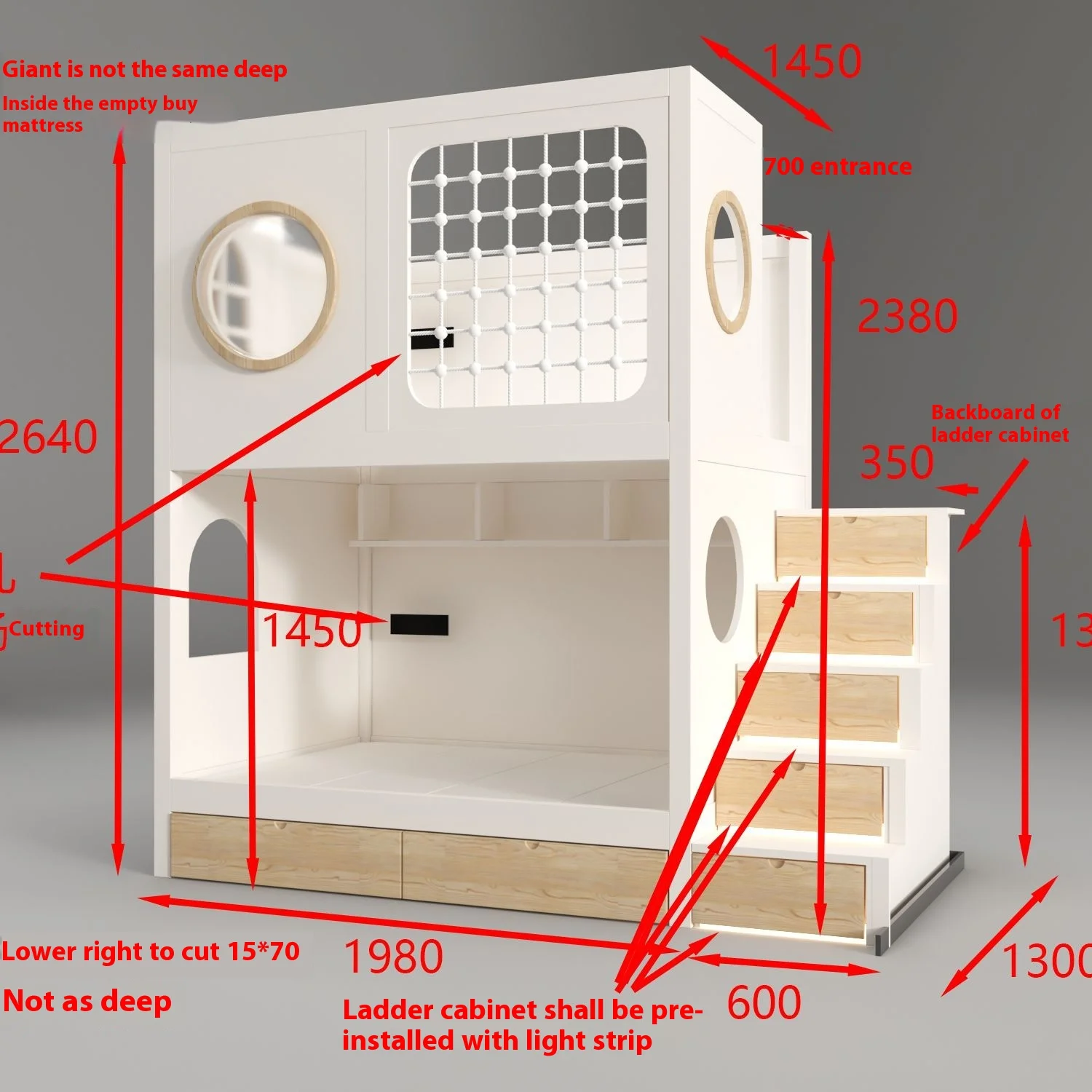 High and Low Bed Treehouse Bunk Bed Double Layer Bed with Real Wood for Living Room or Children's Room