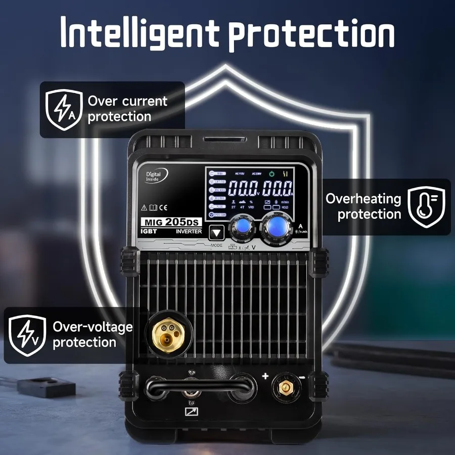 RILAND MIG205DS PRO 200Amp آلة لحام MIG ذات الجهد المزدوج لإصلاح السيارات وتصنيع المعادن ومشاريع ذاتية الصنع 5in1 متعددة