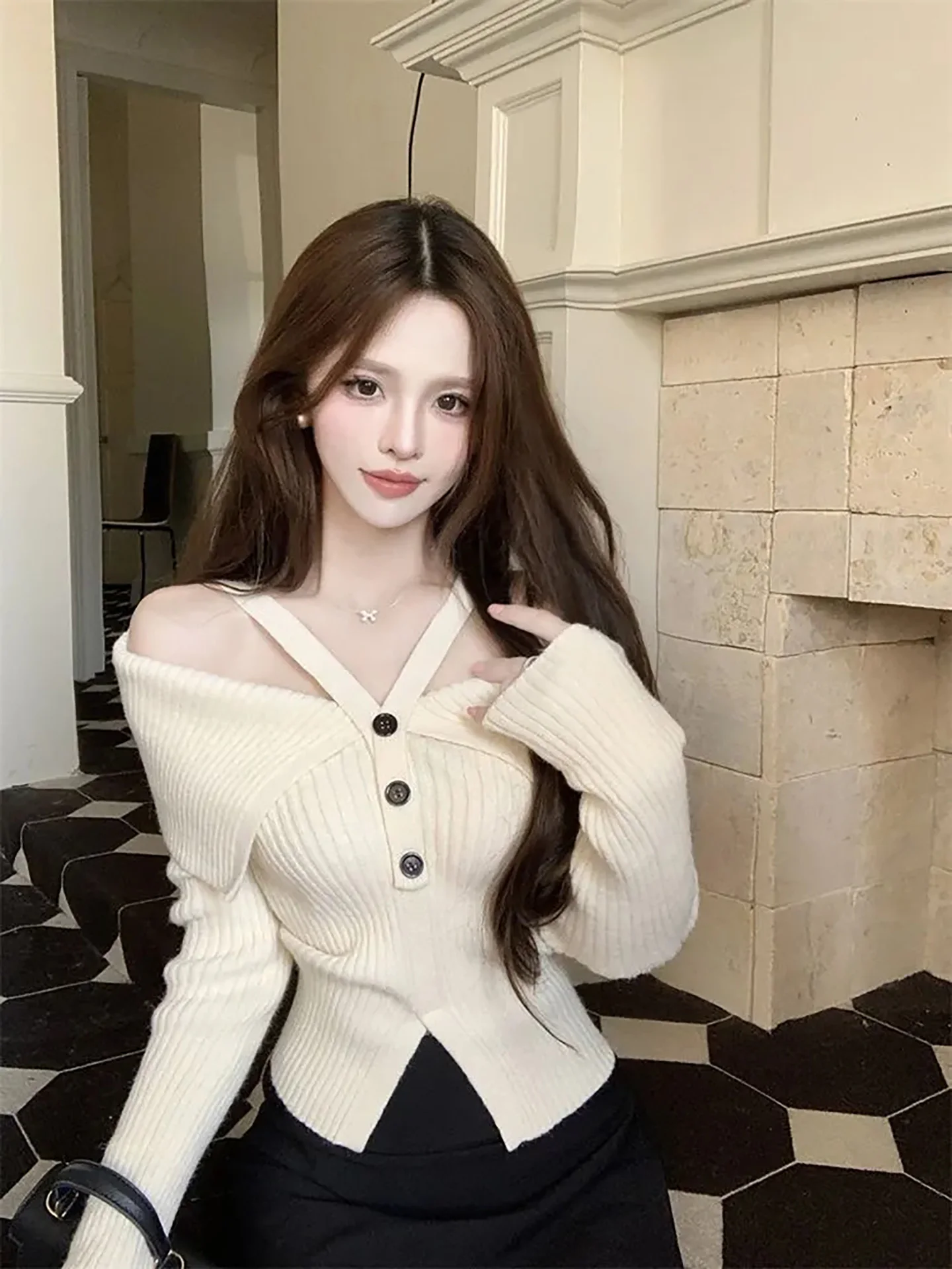 

Ele Knitted Sweater Women's Slim Fit oulder Bared Faionable Base irt Pure Desire Sle Spring New Arrival