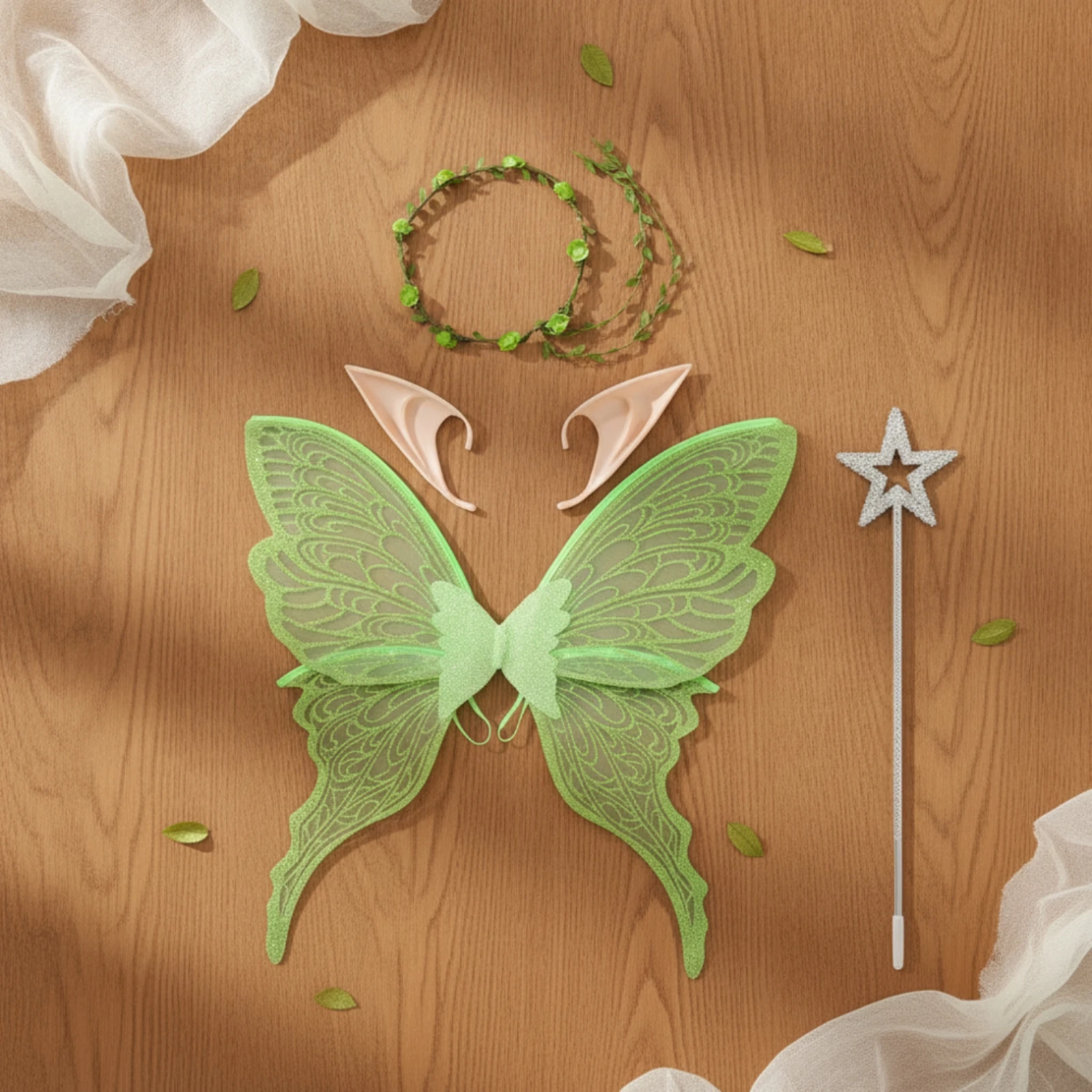 4 Pieces Butterfly Wings with Wand Symmetrical Fairy Costume Set Enchanted Wand Lovely Elf Ears Shiny for Children, Halloween