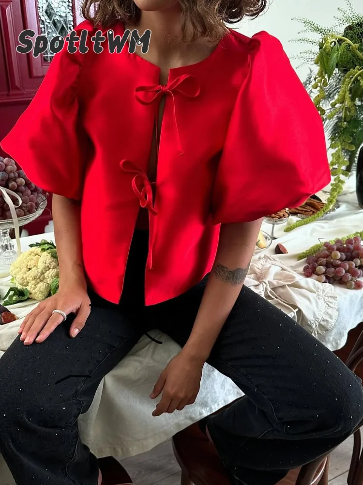 2026 Chic Sweet Bubble Sleeves Satin Short Shirt Fashion Red Lace Up O Neck Loose Women's Blouses New Famale Commute Streetwear