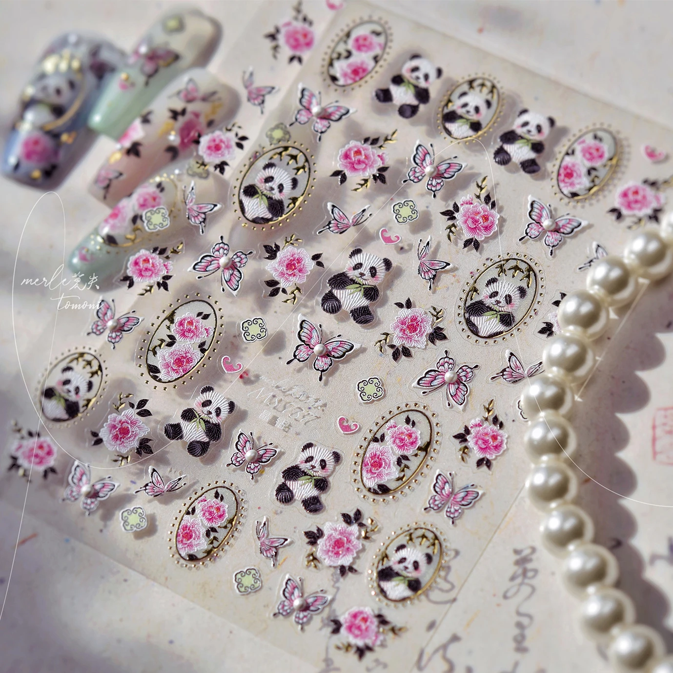 Panda Bamboo Butterfly Pattern Totem Figure Peony Flower Love Heart Adhesive Nail Art Stickers Embroidery Pearl Manicure Decals