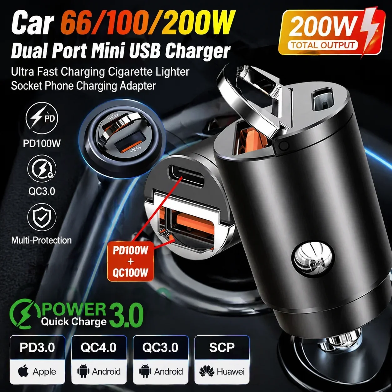Car 66/100/200W Dual Port Mini USB Charger Ultra Fast Charging Cigarette Lighter Socket Phone Charging Adapter