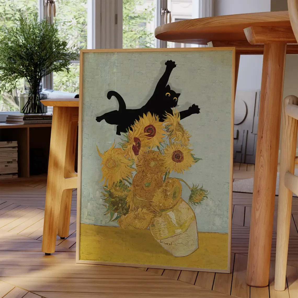 Cat Print Van Gogh Sunflowers Gift Poster Funny Black Cat Jumping Home 