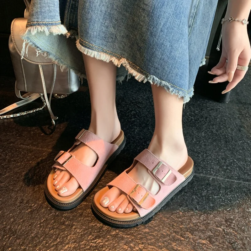 NEW Summer Women Slippers Sheep Suede Leather Shoes for Women Round Toe Thick Heel Shoes Csaual Belt Buckle Shoes Flat Sandals