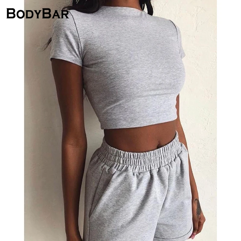 

Sexy Navel Crop Women's Suit Short-sleeve Corset And High-waist Shorts Solid Color Skinny Outwear Casual Pocket Set 2 Piece Suit