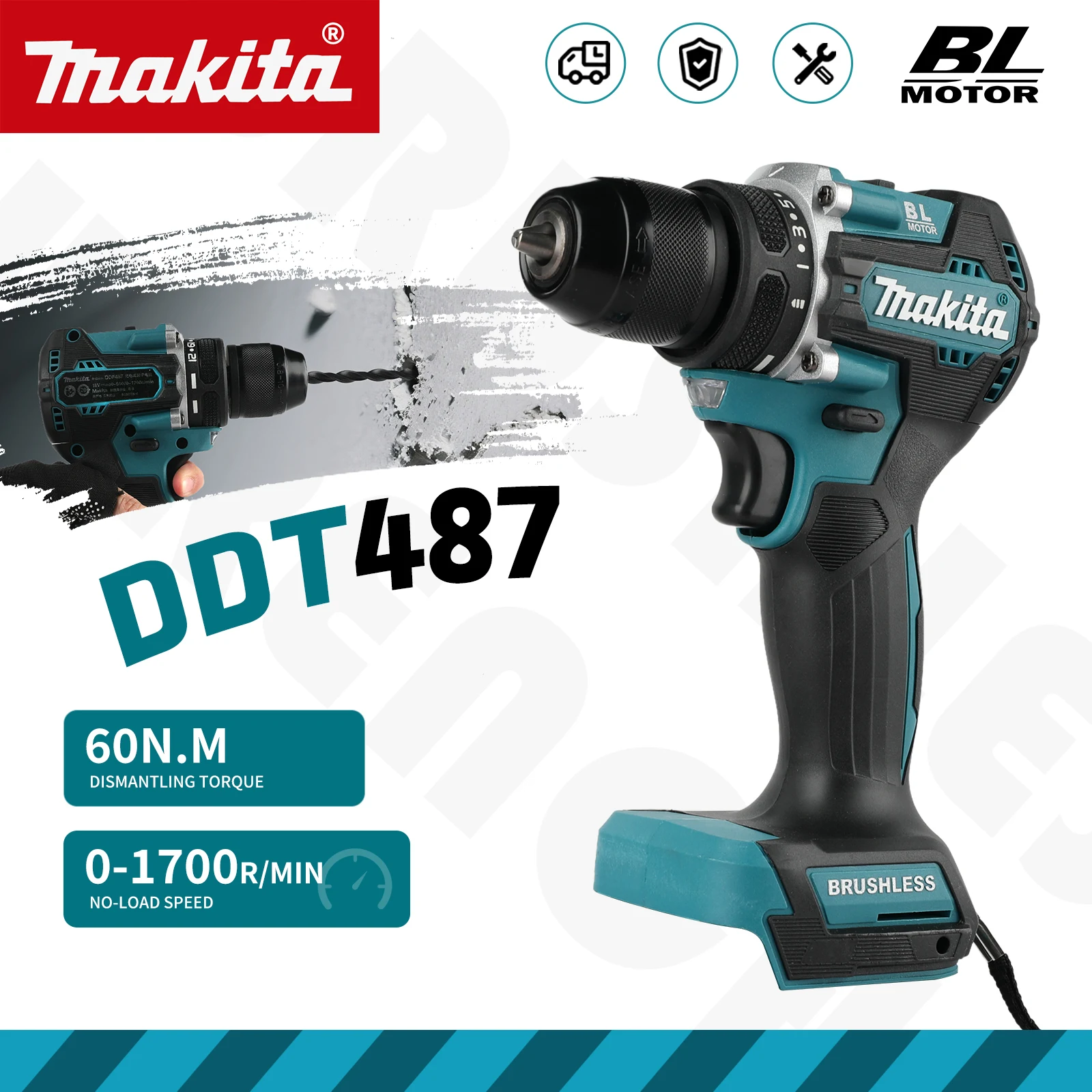 Makita Original DDF487 Cordless Driver Drill Brushless Electric Impact Screwdriver Rechargeable Power Tool 18V