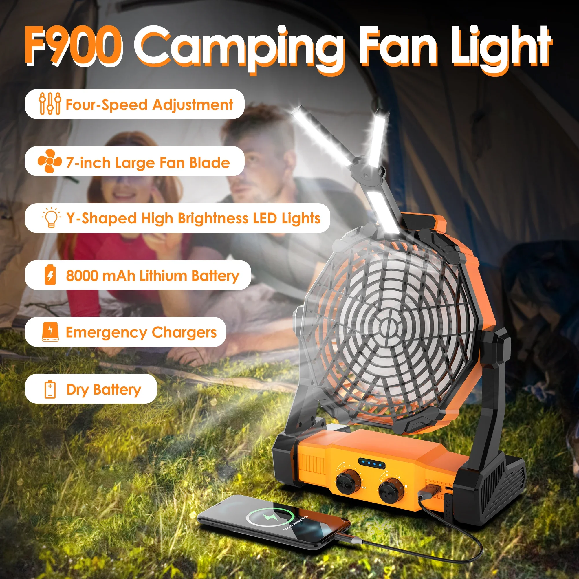 8000mAh Battery Operated Fan Portable Rechargeable Hook Outdoor Fan for Tent Car Trip and Desk/Camping Fan with LED Light