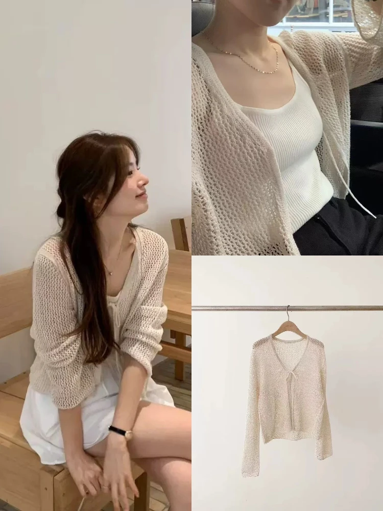 East Gate OUCE Gentle Wind Cardigan aperto lavorato a maglia scavato sciolto pigro versatile Top da donna vestibilità ampia lungo Sve V-Ne Kni...