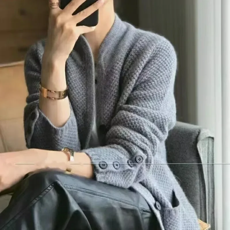 Autumn and Winter Women\'s Solid Round Neck Long Sleeve Single Breasted Slim Knitted Cardigan Fashion Casual Formal Commuter Tops