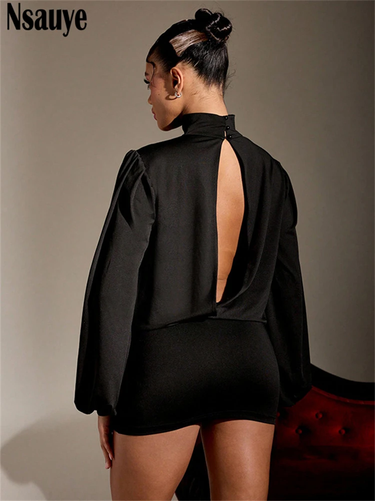 Nsauye المرأة كم طويل مثير النادي الليلي مساء حفلة فستان قصير منخفضة قطع الرسن أنيقة عطلة فساتين راقية صغيرة 2025