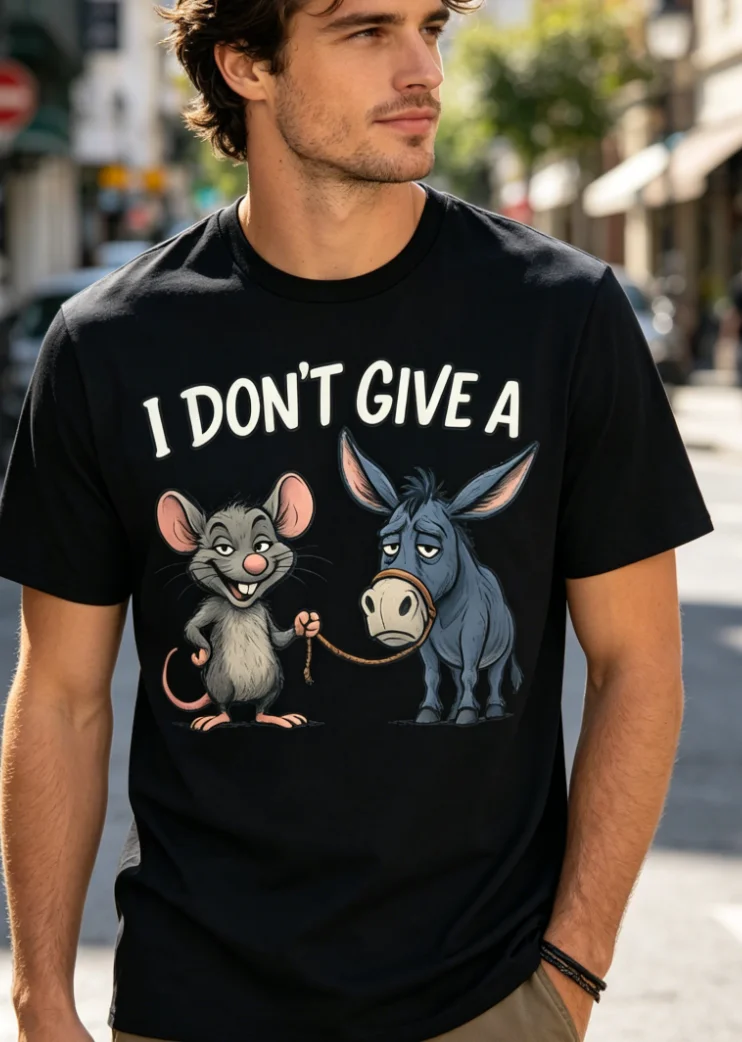 Men's Funny I Don't Give A Mouse & Donkey Cartoon Print T Shirt Black Crew Neck Short Sleeve, Breathable Casual Summer Tee