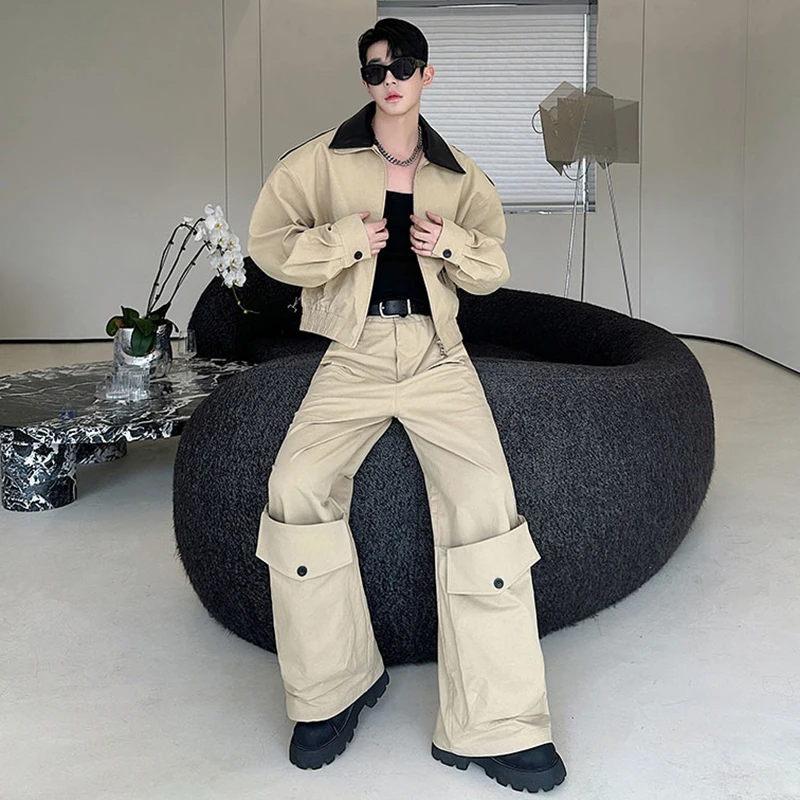 LUZHEN 2025 New Fashion Original Niche Two-piece Sets Elegant Leather Neck Casual Jacket Baggy Pockets Decorate Trousers JY5268