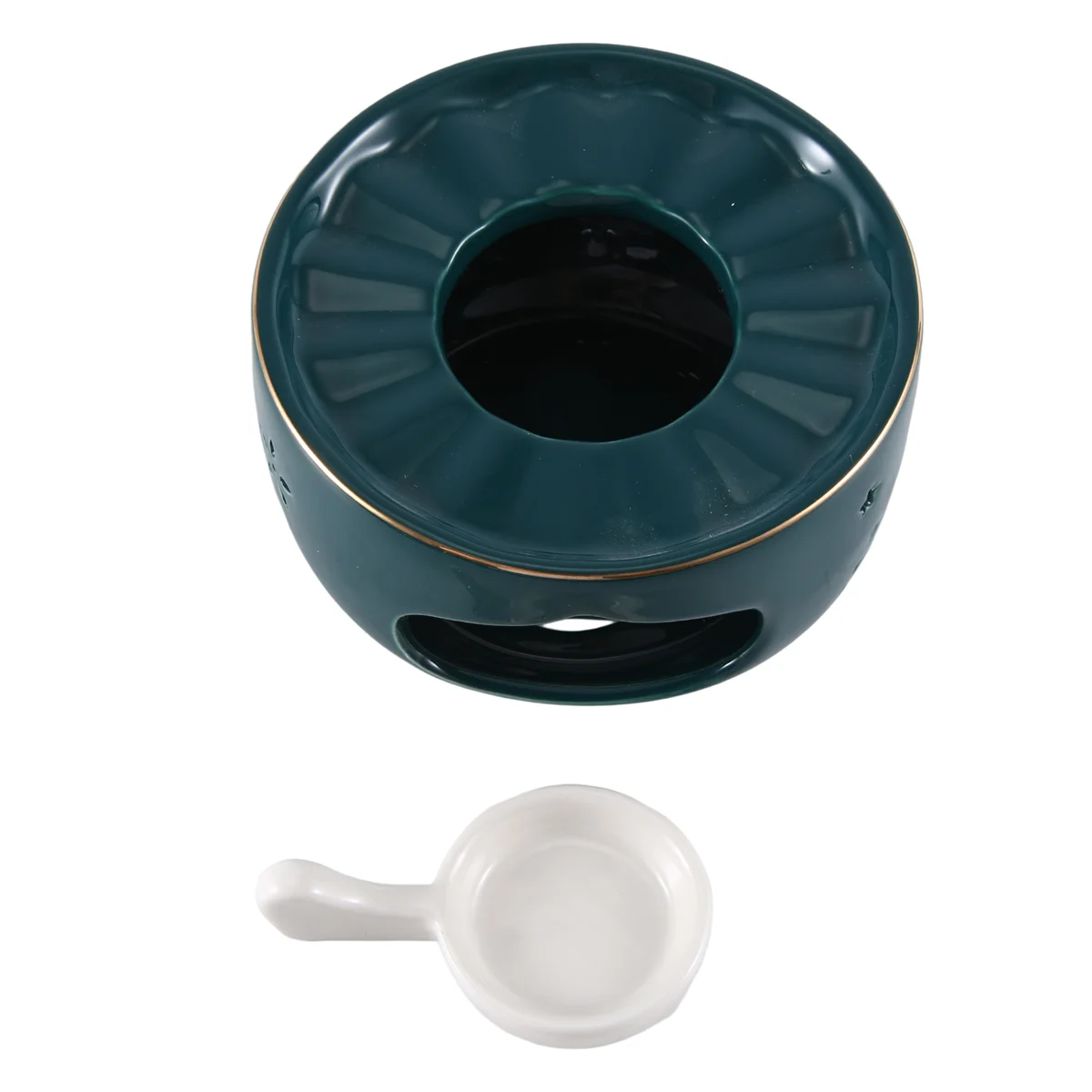 ABBO-Round Ceramic Teapot Warmer Tea Light Furnace with Candle Tray Heater Trivet Dish Cup Heat Pot Malachite Green