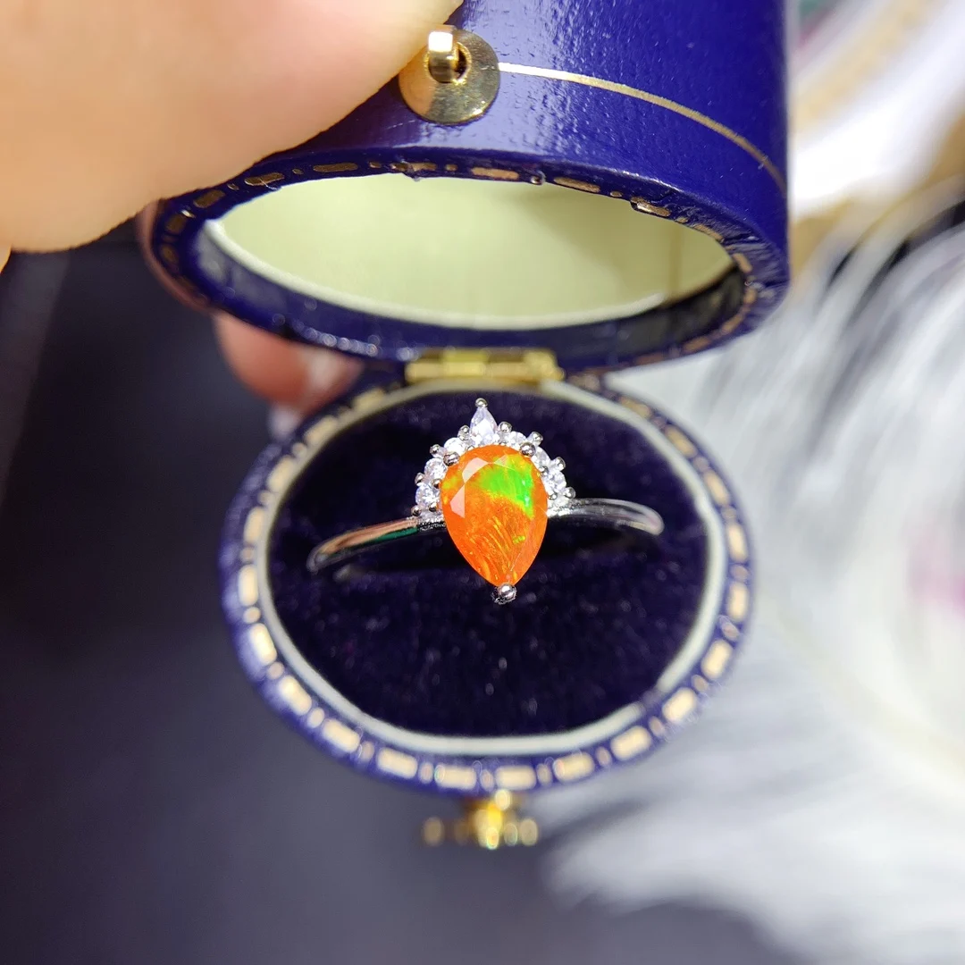 Natural Fire Orange Opal Promise Ring October Birthstone Ring Sterling Silver Opal Anniversary Ring