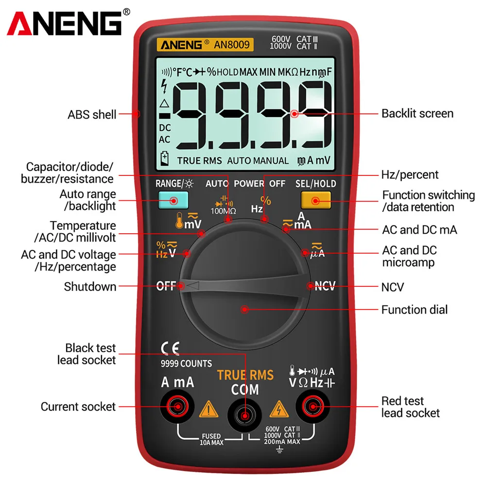 Imagem -02 - Aneng-digital Profissional ac dc Tensão Corrente Multímetro Transistor Ohm Auto Elétrica True Rms te 9999 Contagens An8008 An8009