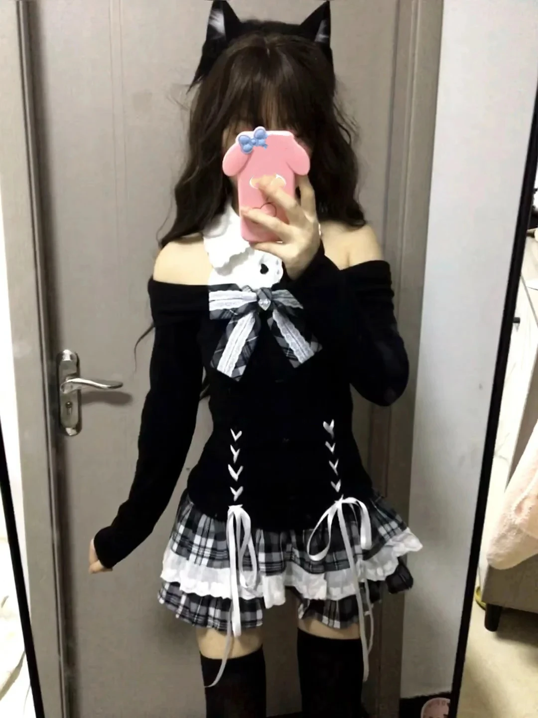 

2000-е Лолита Сладкий комплект из 2 предметов Японская одежда Бандаж с открытыми плечами Сексуальный топ А-силуэта Плед Юбка Y2k Harajuku Модный костюм