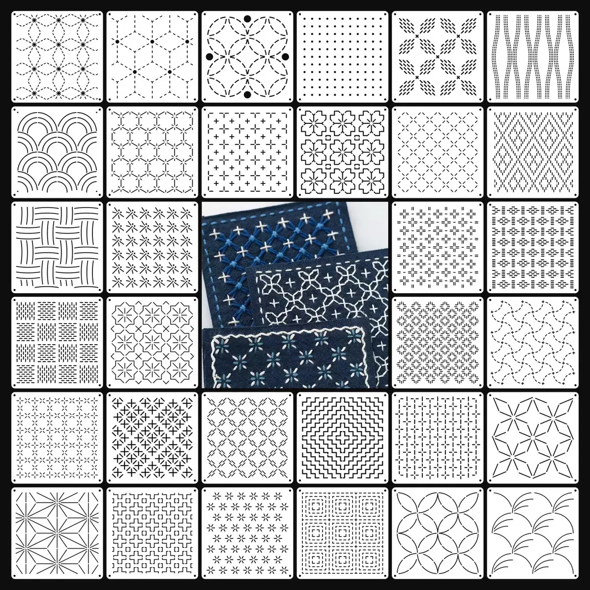 32Pieces Sashiko Embroidery Stencils Set Reusable Drawing Painting Template DIY Cross Stitch Art Handwork Craft