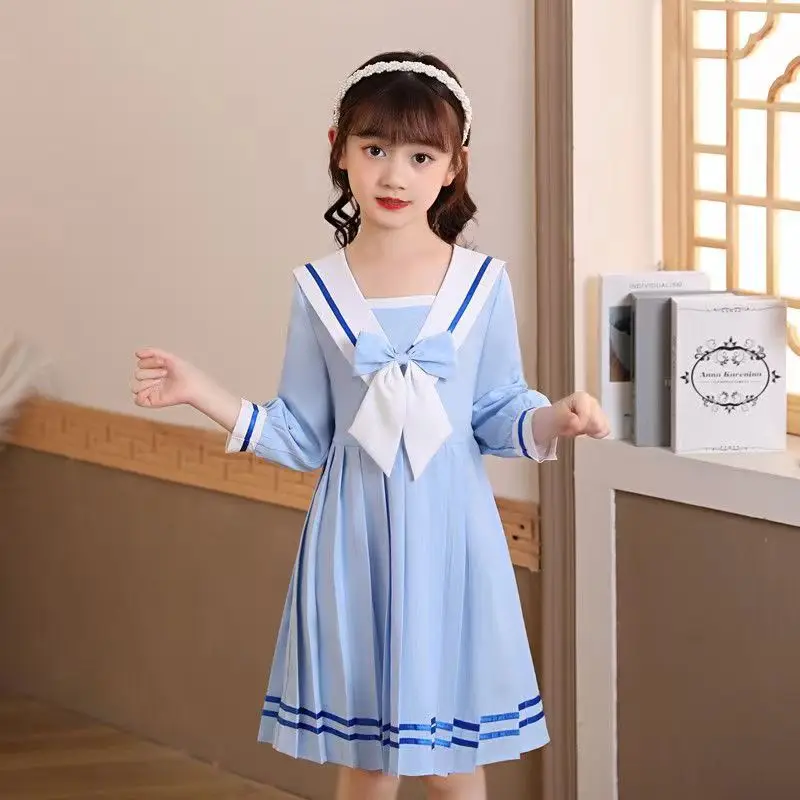 4 6 8 10 12 Spring Autumn Girls\' Dress Navy Collar JK Uniform Long Sleeve Student School Dress Baby Kids Children\'s Clothing