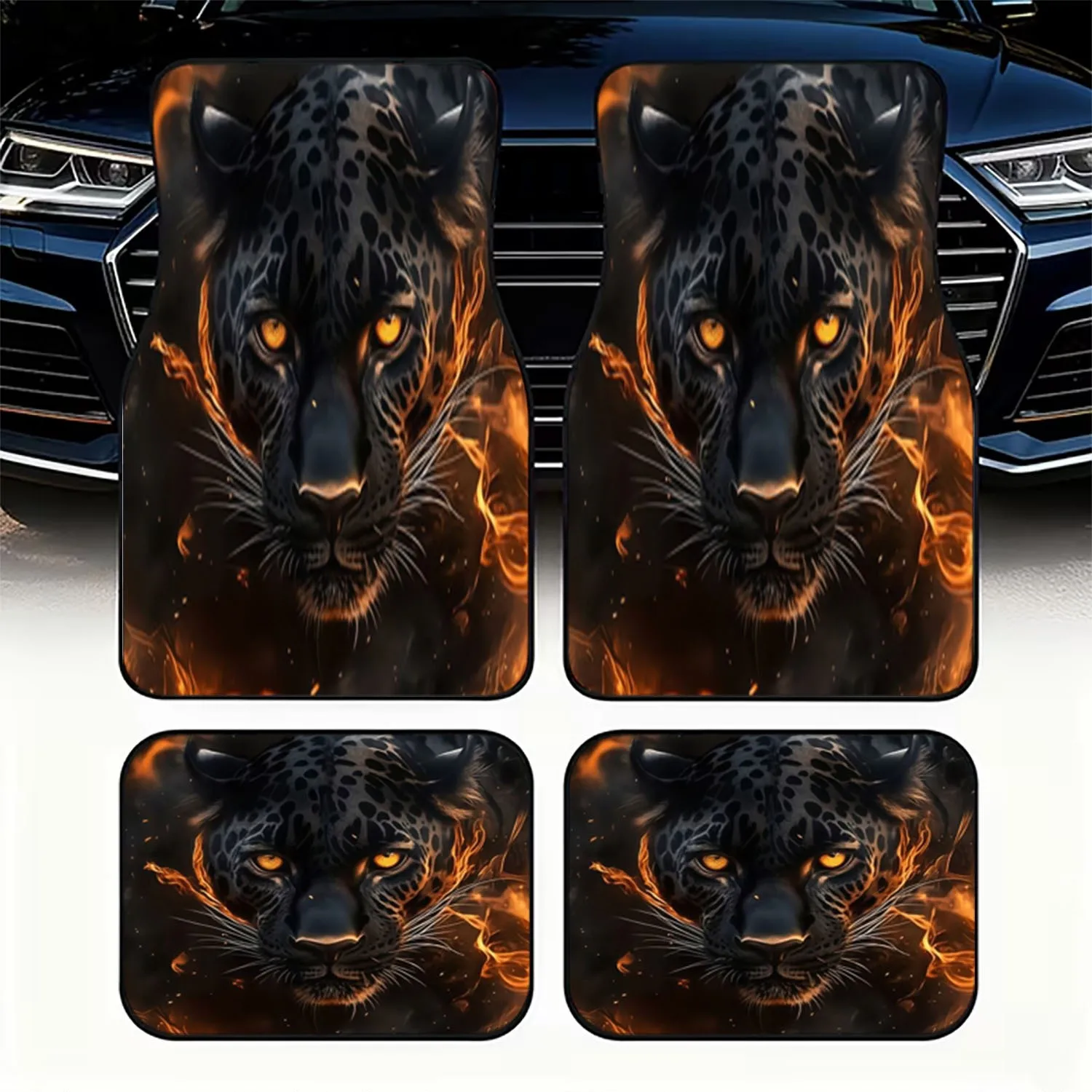4pcs Car Floor Mats, Material, Fierce For JAGUAR Head Pattern (Fiery Flames, Dark Smoky Background), Suitable For Car Interior,