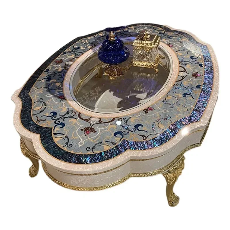 

Colorful Shell Mosaic Oval Tea Table Luxury Solid Wood Carved Tea Table Villa