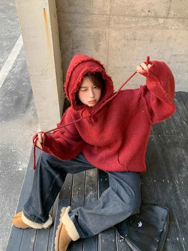 Woman Tops Warm Baggy Hooded Sweater Sweatshirt for Women Thick Hoodies Red Plain Autumn and Winter Cold Loose Essential New In