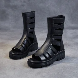 2023 nowa tylny zamek Retro buty damskie skóra bydlęca Gladiator sandały damskie letnie płaski czarny buty skórzane buty damskie