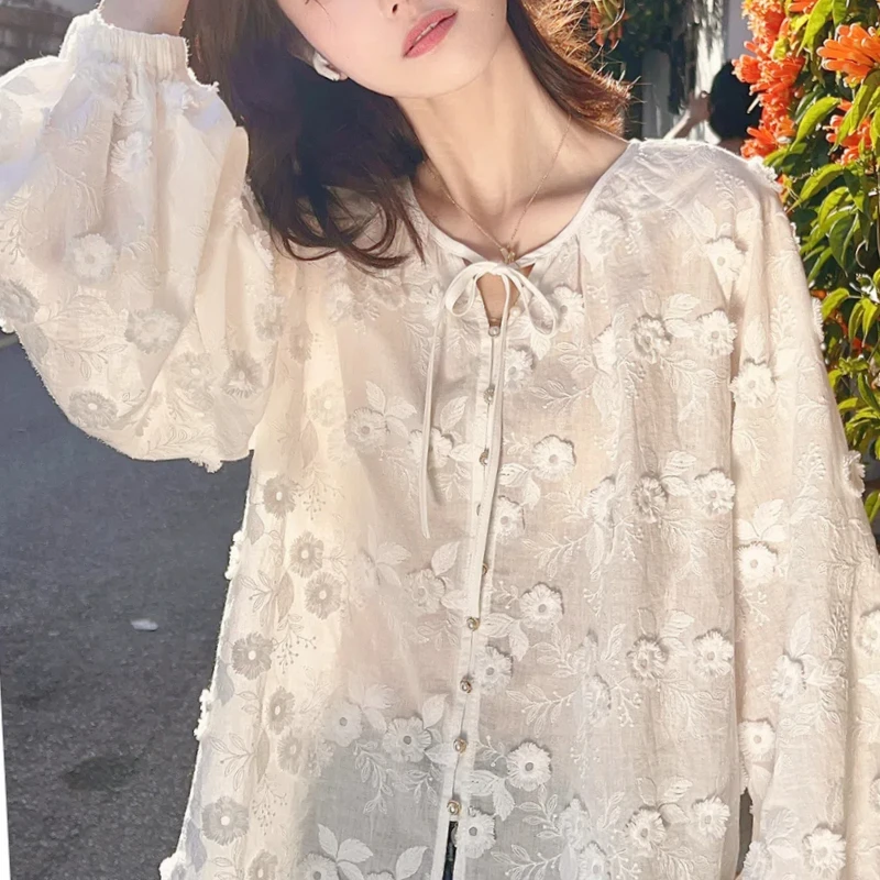 Spring Autumn Fashion Pure Cotton Long Sleeve Shirts Women\'s Clothing Embroidery Lacing Thin Style Chaopai Lace Loose Blouses