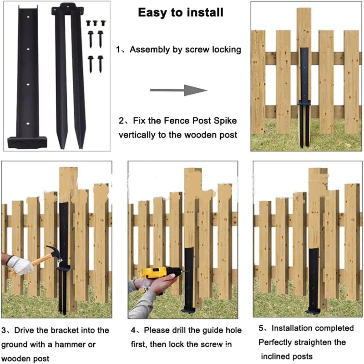 عمود السياج الثقيل ذروة أرضية ثابتة باللون الأسود مع ذراع لقط قابل للتعديل بقطر 5-15 سم للمعادن الخشبية #5
