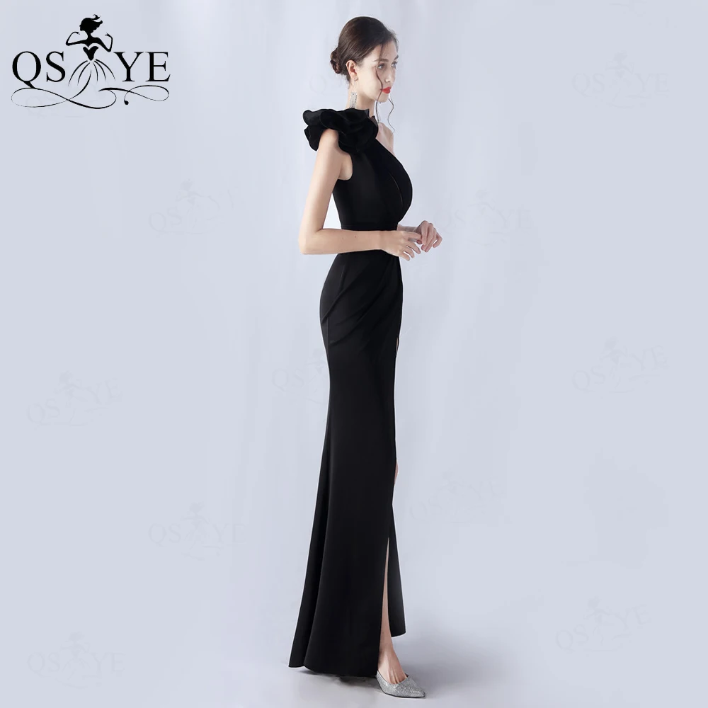 Black Evening Dresses Rose Flower One Shoulder neck Long Prom Gown Keyhole Top Sexy Split Zipper up Back Simple Plain Party Gown