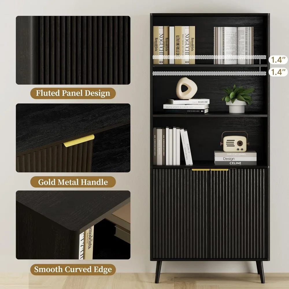 Bibliothèque haute à 5 niveaux avec portes cannelées, étagères réglables, armoire de rangement en bois pour le bureau et la maison