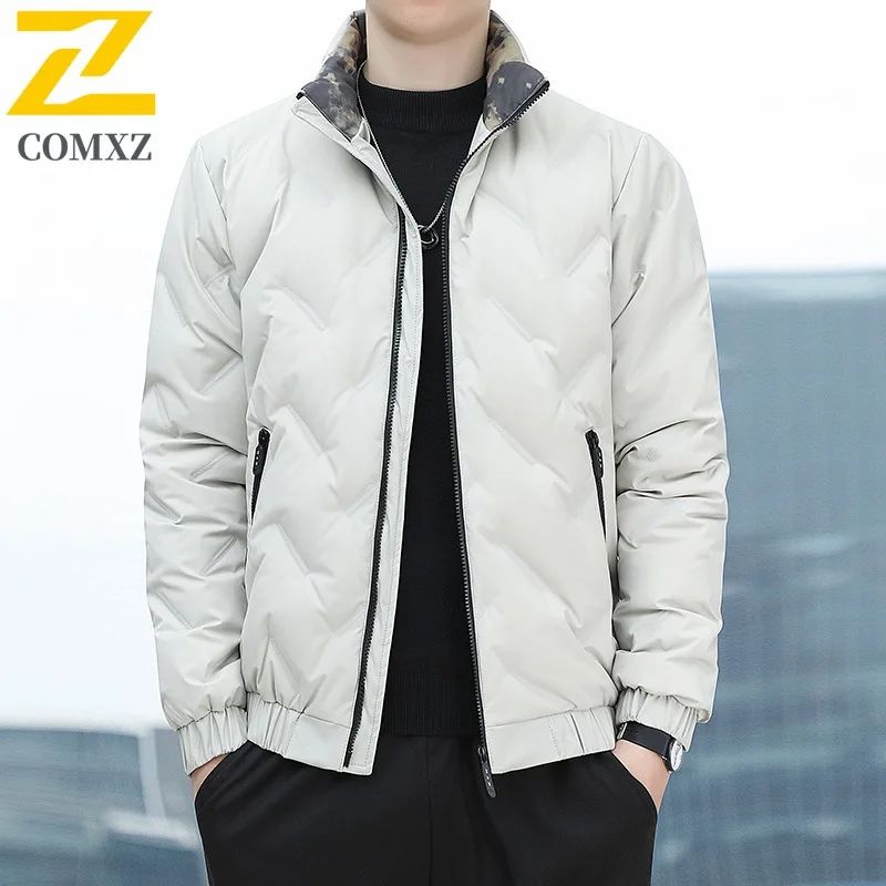 COMXZ Versatile Men Down Jacket Classic Stand Collar Outdoor Office Lightweight Parka Casual Urban Style Windproof Winter Coat