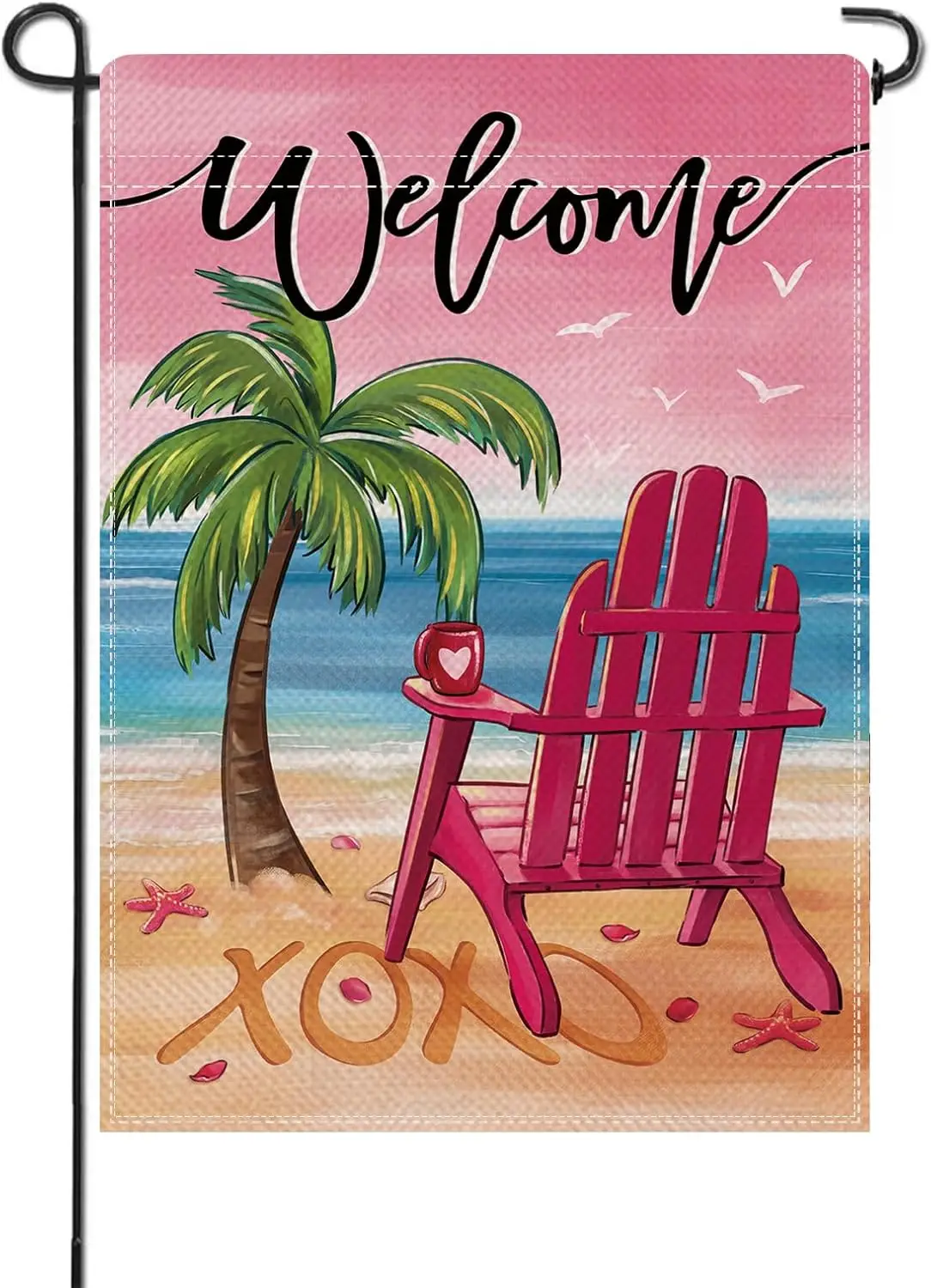Artofy Welcome Valentines Day Beach Small Decorative Garden Flag, Coastal Nautical Pink Chair Palm Tree Yard Lawn Outside De EEZ