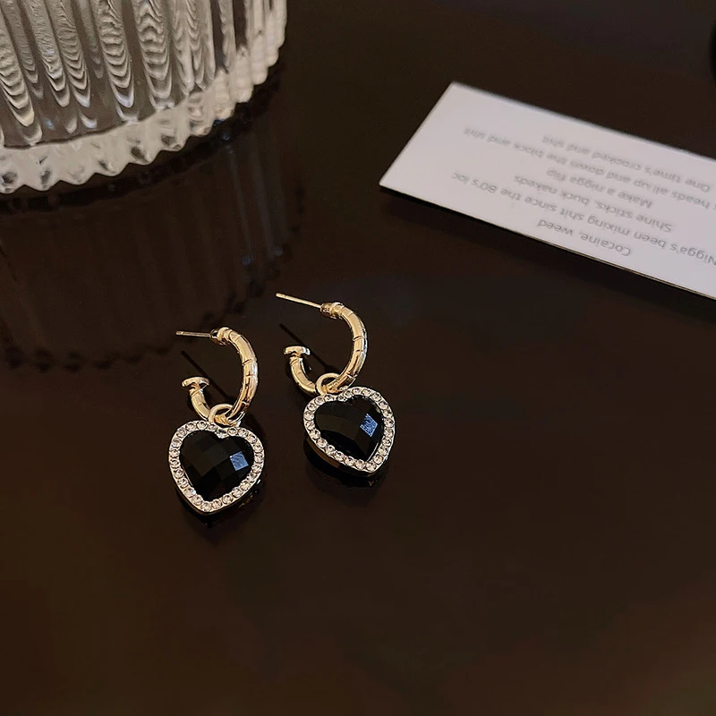 Black Heart Shiny Rhinestones Dangle Earrings for Women Elegant Temperament Versatile Ear Hook Party Jewelry Vintage Accessories image 5