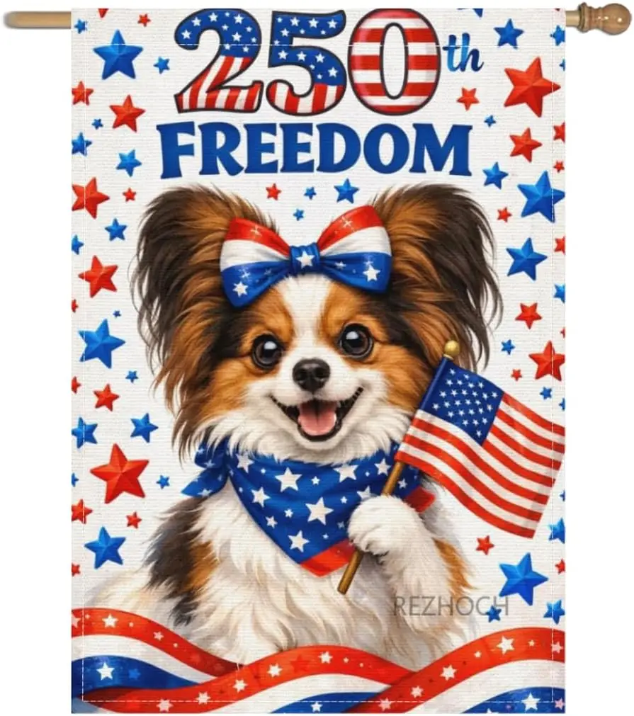 Patriotic Papillon Garden Flag 28x40Inch,Funny Cute Animal American Flags Outdoor,250th Anniversary Independence Day Freedom AAS
