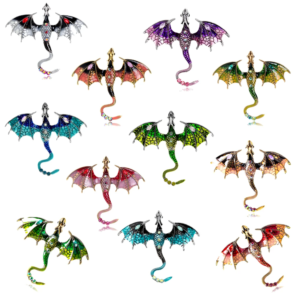 Hot 9 colors rhinestone enamel dragon brooches for men and women flying legged animals pterodactyl costume pins jewelry gifts