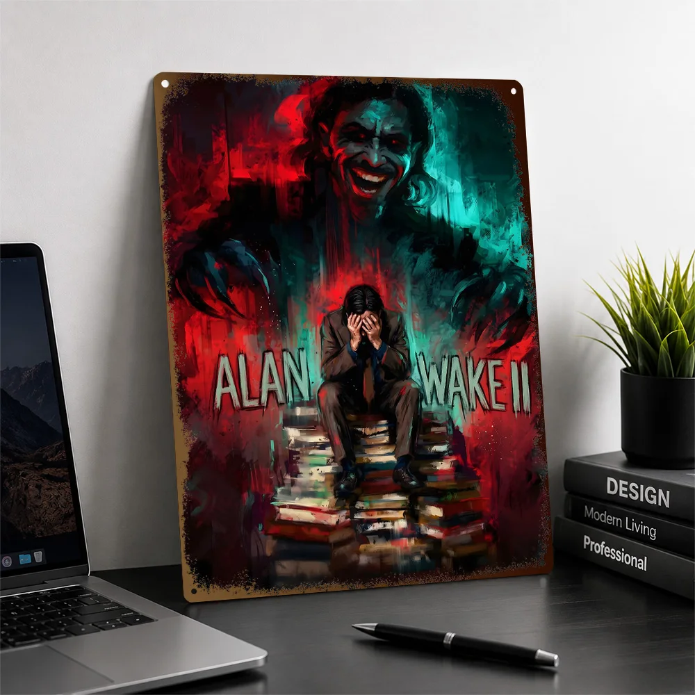 Alan Wake II Haunted Portrait Printed Poster Customized Metal Sign Dark Survival Tribute Wall Art Enhances Entertainment Space