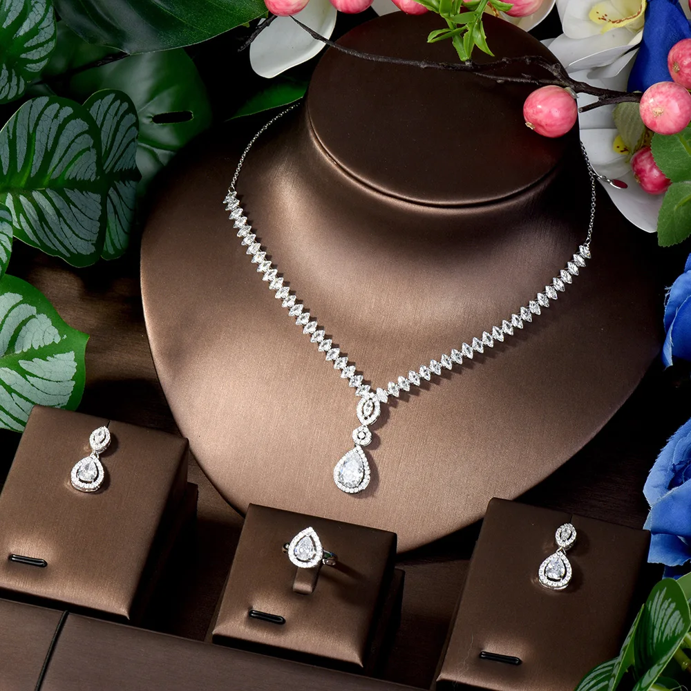 

HIBRID Fashion Vintage AAA Cubic Zirconia Jewelry Necklace and Earrings For Brides Wedding Pop Set Drop Unique Design Style S-05