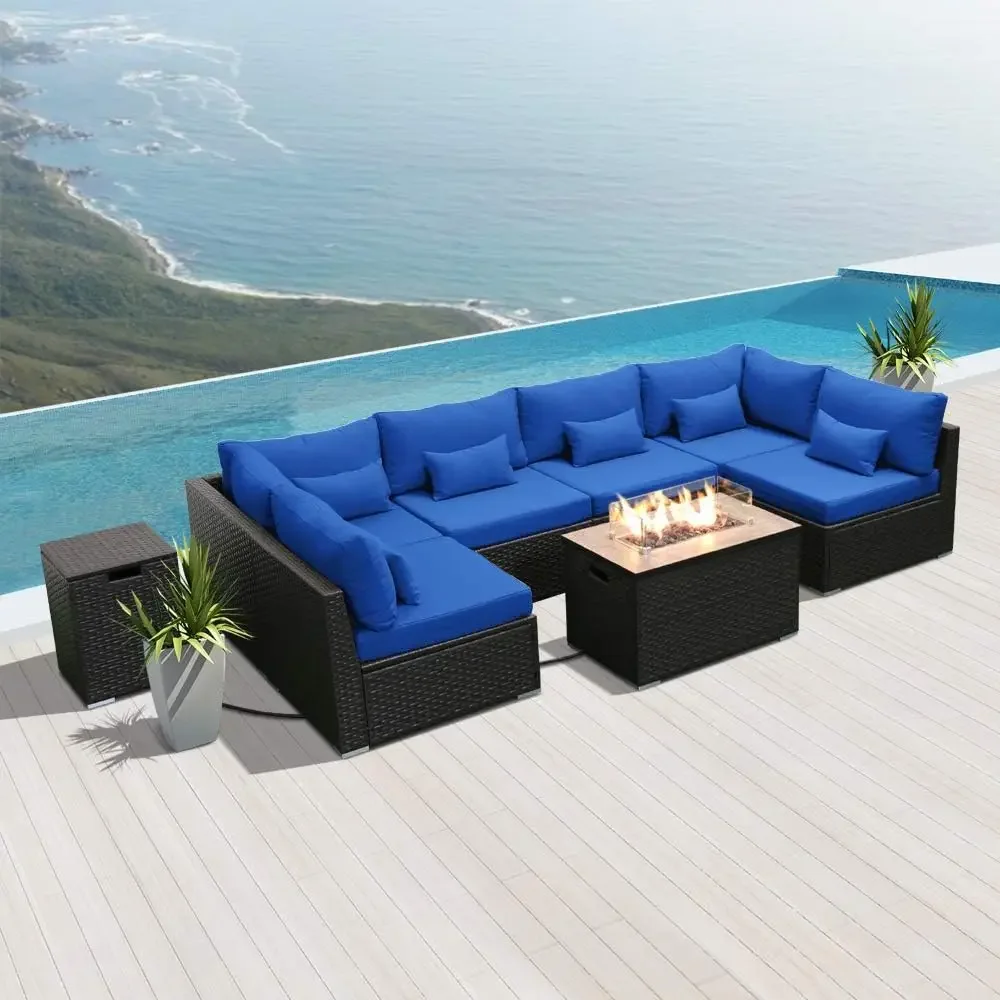 Muebles Sofá seccional con mesa para fogones de gas Conjuntos de muebles para patio al aire libre Brazo para fogones de propano (azul real-rectangu