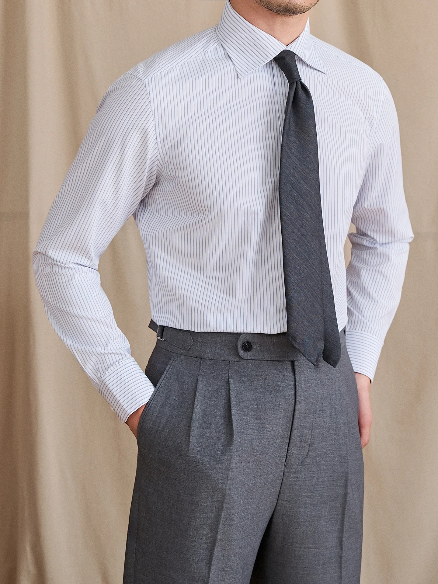 

Облегающий воротник с воротником-стойкой в полоску Long Sve irt Busin Sle, смесь хлопка и полиэстера, дышащая, удобная, мужская irt