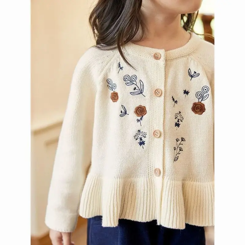 Early autumn jacquard loose-fitting girls' embroidered round-neck knit sweater with single-breasted butto