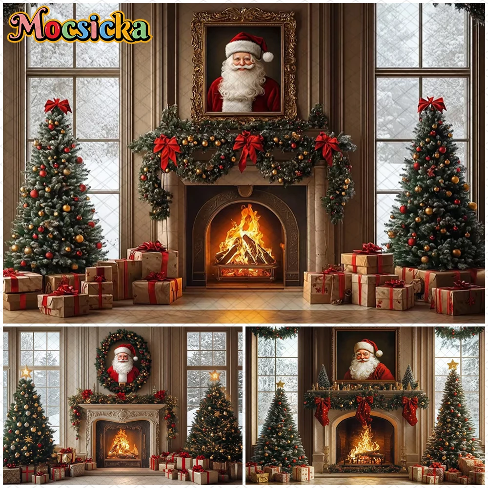 

Mocsicka Christmas Fireplace Photography Background Home Window Xmas Tree Decors Santa Claus Photo Backdrops Studio Props Banner