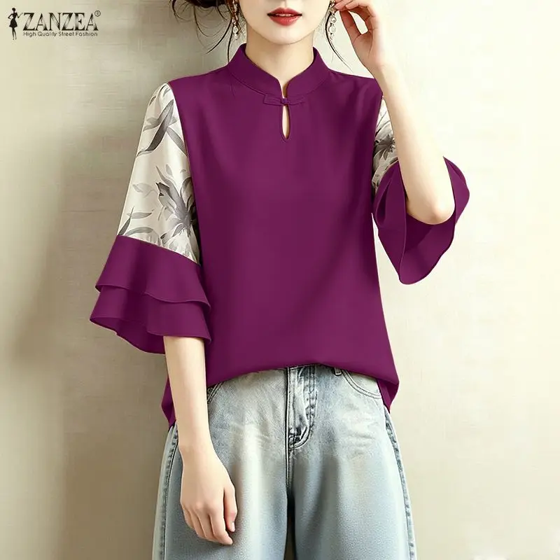 

ZANZEA Woman Vintage Floral Print Patchwork Blouses Retro Mandarin Collar 3/4 Layered Flare Sleeve Tops Elegant Blusas de Mujer