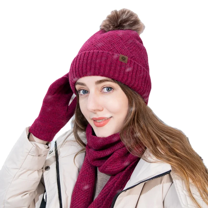 Gorro de lana de Color sólido para hombre y mujer, conjunto de guantes cálidos con pantalla táctil, bufanda, pompón de punto, resistente al frío, invierno, 3 en 1