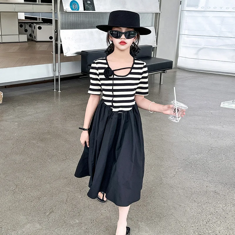 Girls' Summer Dress 2024 New Western Stripe French Style Hepburn Style Spliced Children's Long Dress