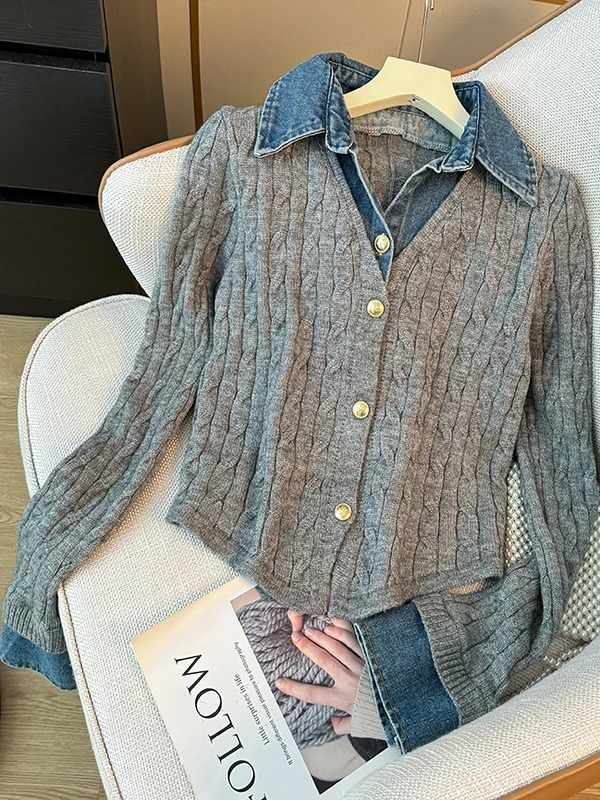 Colletto blu Denim Patchwork Lungo Sve lavorato a maglia irt Donna Autunno College Sle Versatile ort Top Falso in due pezzi