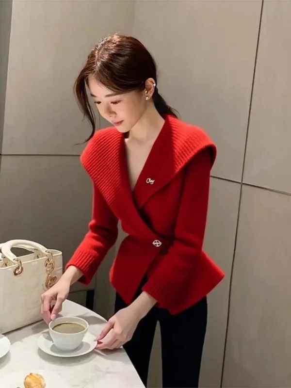 

Красный вязаный капюшон Ne, женский зимний свитер, уникальный красивый корейский дышащий повседневный топ с застежкой на талии