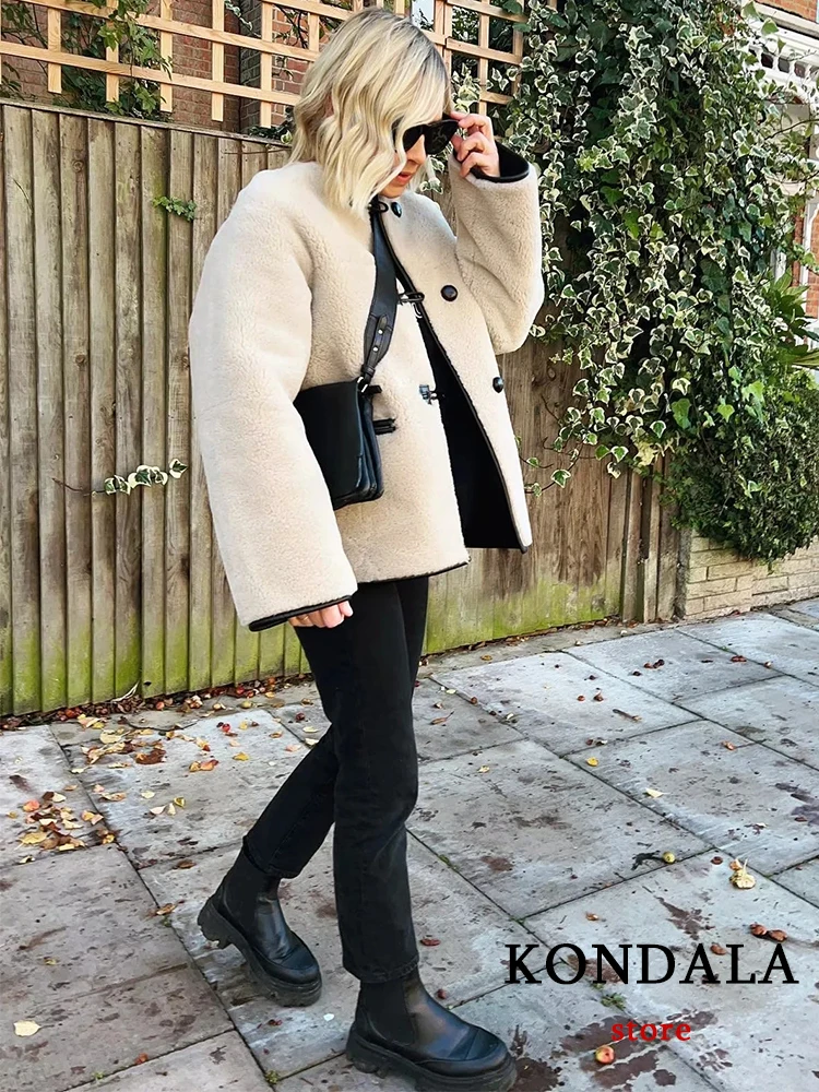 KONDALA Vintage Faux Fur Oversized Long Jackets Women Long Sleeve O Neck Autumn Winter Coats Female Fashion 2022 Casual Coats