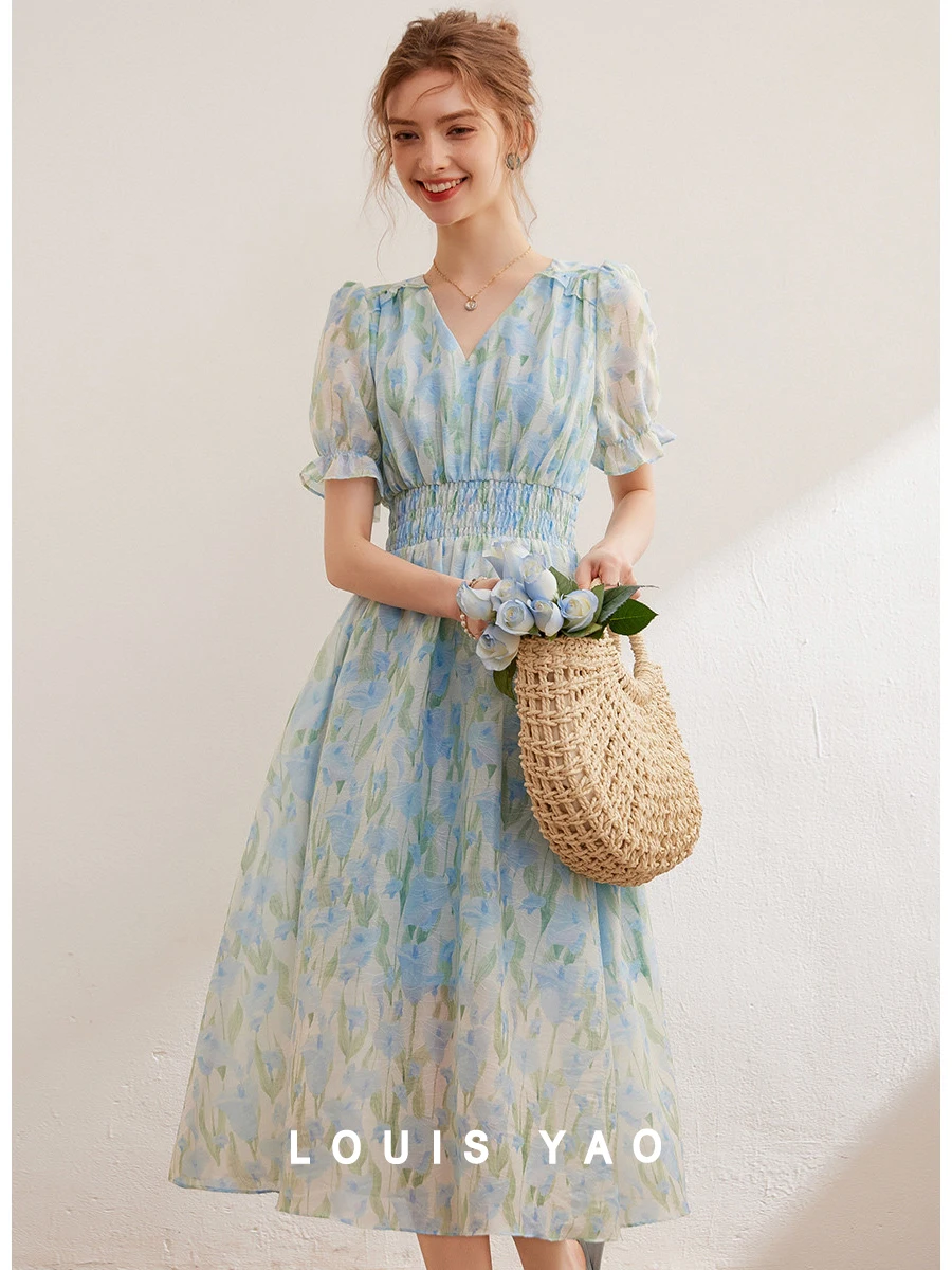 LOUIS YAO Dress 2024 Summer Tulip Print Women Dress Elegant V Neck Short Sleeve Slim Fit Long Dress