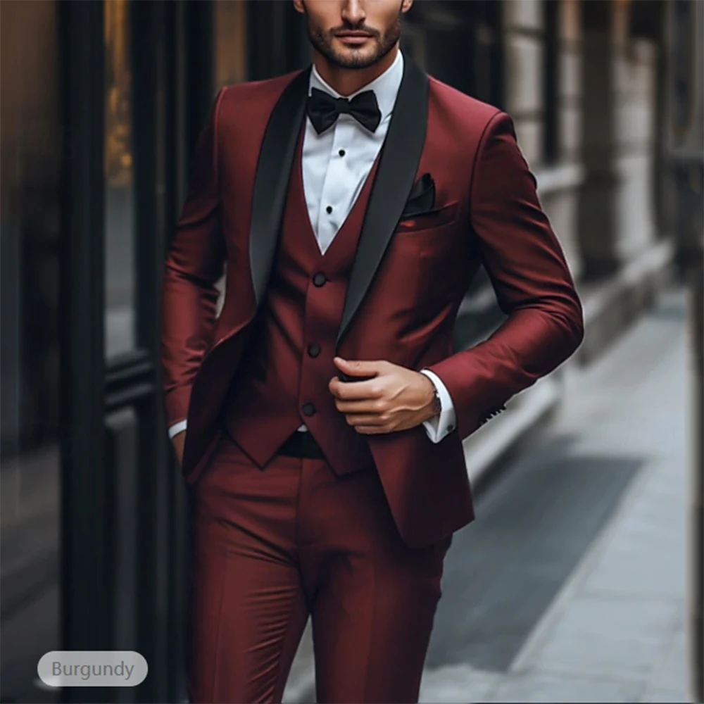 

2025 Latest Coat Pants Designs Burgundy Men Suits 3 Pieces Best Men Wedding Suits Groom Tuxedos Blazer Vest Pants Costume Homme